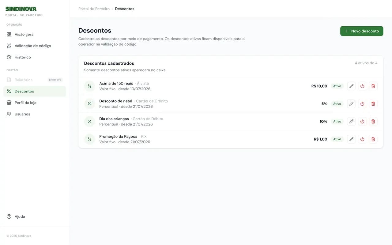 Tela de descontos do Portal do Parceiro com opções por forma de pagamento, valores e status