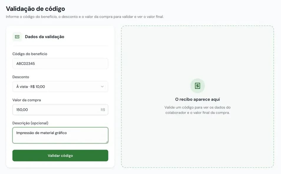 Tela de validação de código do Portal do Parceiro, com código do benefício, desconto e valor da compra preenchidos